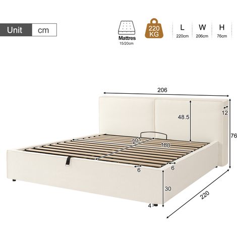 Lit double rembourré 180x200cm, sommier intégré, tête de lit capitonnée en tissu bouclé blanc, mécanisme hydraulique de levage, lit fonctionnel avec coffre de rangement. (1/5)