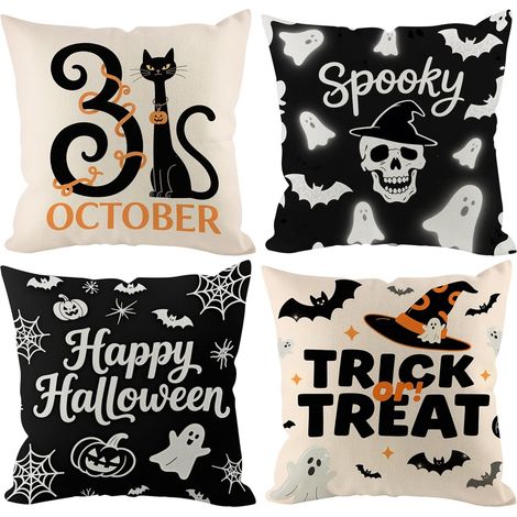 Fundas de cojín decorativas de Halloween de 45 x 45 cm (juego de 4). Decoraciones de Halloween bonitas y espeluznantes, estilo rústico, para sala de estar o exteriores. (1/4)