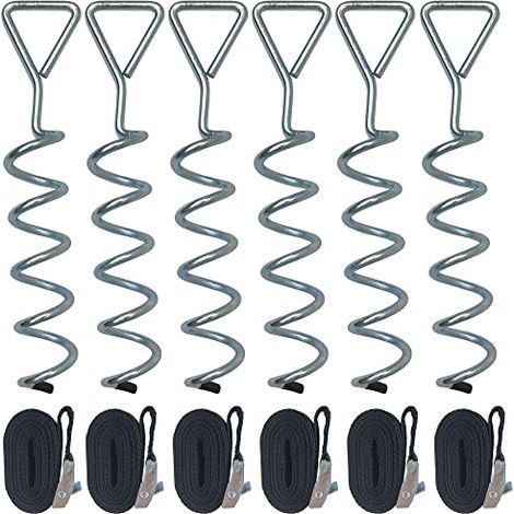 Lot de kits d'ancrage trampoline 31 cm avec tête triangulaire, kit d'arrimage galvanisé au sol piquets d'ancrage, en spirale et sangles pour abris jardin camp - (1/5)