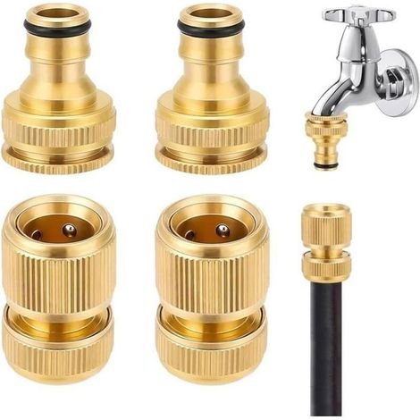 - 4 Pièces Connecteur Robinet de Tuyau d'Arrosage Laiton, Adaptateur Robinet 2 en 1, Raccords Tuyau avec Connexion Rapide filetage (1/5)