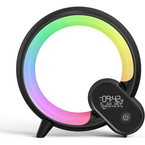 Réveil lumineux intelligent et durable en forme de Q avec enceinte intégrée, idéal pour la chambre ou le salon. (1/5)