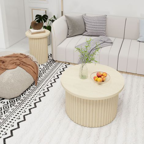 Set de 2 tables basses rondes en bois naturel, structure ondulée, table d'appoint intégrée – parfait pour salon, chambre, espace de travail ou bureau. (1/5)