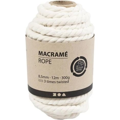 Corde pour Macramé - Coton - 8,5 mm - 12 m - Blanc cassé - Charge de rupture 546 kg