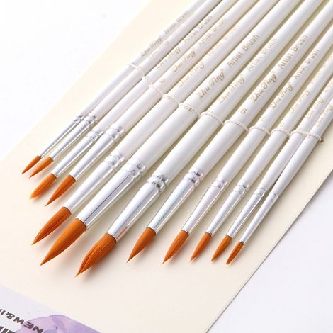 Ensemble de 12 pinceaux à gouache, poils en nylon et manche en bois, pour aquarelle et peinture à l'huile (01) (1/2)