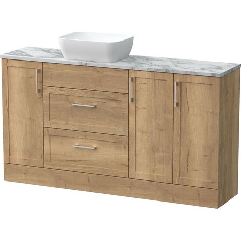 Pirehill Traditional Floor Standing 2 Drawer 3 Door Combination Vanity Unit with Worktop and Countertop Vessel, 1500mm, Autumn Oak