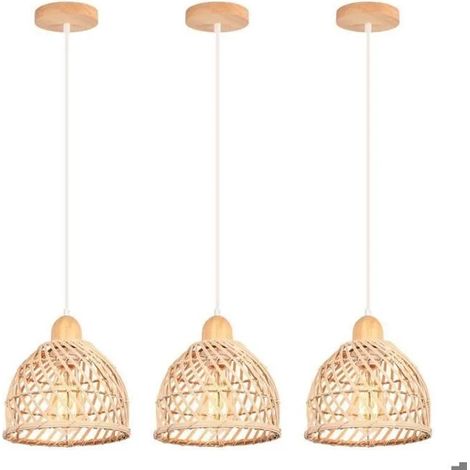 3pcs Rétro Suspension Luminaire en Bois et Bambou Plafonnier Industriel E27 Lustre Abat-Jour Design Spirale Cage,20cm (1/5)