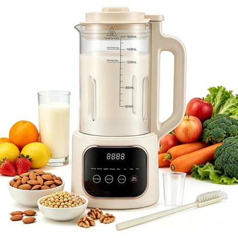 Machine automatique à lait de soja, 1600ml Préparateur de laits végétaux avec 20 lames, écran LED, minuteur 24 heures, fonction de nettoyage automatique, pour laits végétaux faits maison comme soja (1/5)