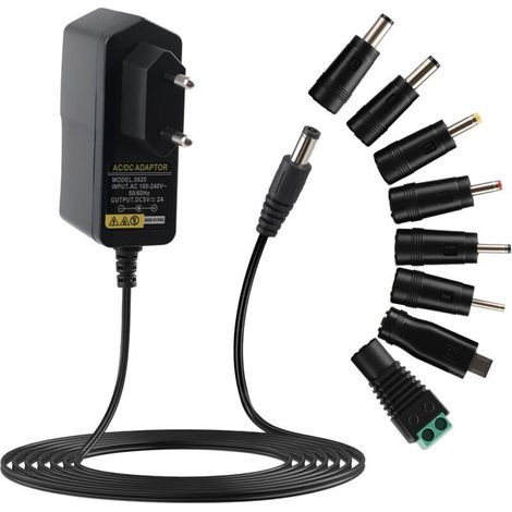 Transformateur d'alimentation 5 V 2 A avec 8 prises CC pour appareils électroniques 5 V tels que tablette, téléphone, hub USB, caméra de vidéosurveillance, alimentation fiable jusqu'à 2000 mA, compact