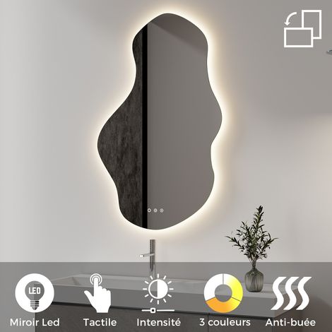Miroir Mural LED Lumineux 70 x 110 cm réversible (2100 LMS) Tactile : antibuée + intensité et Couleur réglables - collection Salle de Bain ONDA