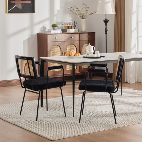 Lot de 2 chaises à manger en chenille avec accoudoirs. Cadre en bois massif style rotin,pieds métalliques ajustables,design moderne couleur noir. (1/5)