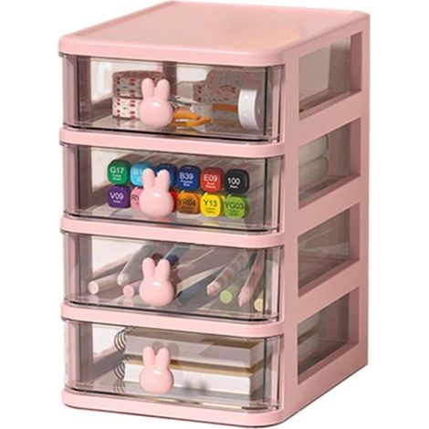 Organiseur de bureau avec tiroirs à 4 niveaux, organiseur de papeterie empilable, rose (1/4)