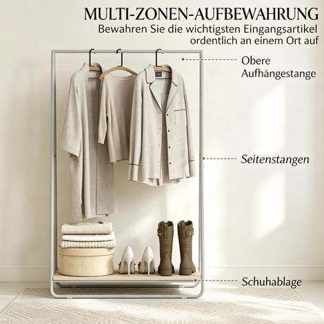 Multifunktionaler 3 in 1 Kleiderträger Mantelträger mit Schuhablage, oberen und seitlichen Riegeln für Eingangsbereich (1/5)