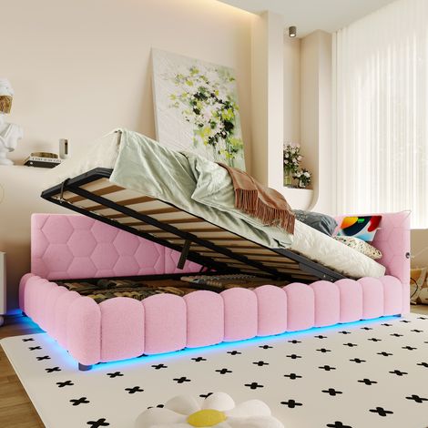 Lit de jour 140×200 cm, canapé-lit avec sommier à lattes (sans matelas), avec bande lumineuse LED, mécanisme de levage hydraulique, ports USB et Type-C, matériau confortable, tissu non tissé, rose (1/5)