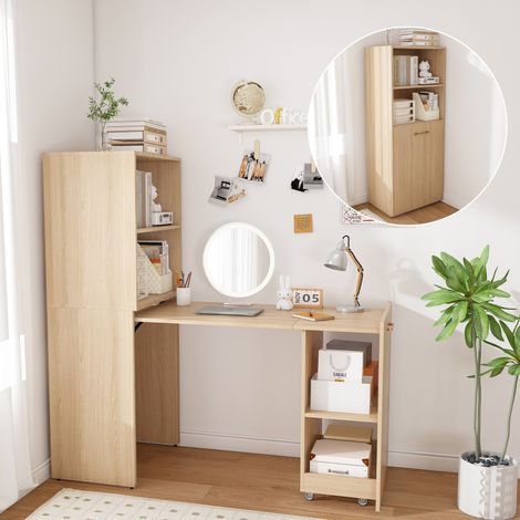Gain de Place Maximal Bureau Escamotable Étagères Réglables sur 5 Niveaux avec Roulettes pour Chambre et Studio (1/5)