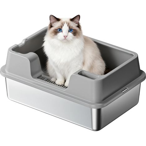 Litière inox  Anti-odeurs Bords hauts anti-fuite Semi-fermé Pour grands chats & multi-chats Facile à nettoyer Avec pelle 604027CM - Gris (1/5)