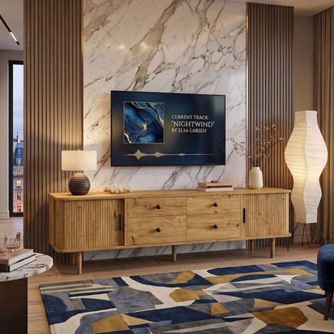 Creahappy Meuble TV 165x40x46 cm - Optimisation de l'Espace avec 4 Tiroirs et 2 Portes Coulissantes - Style Contemporain Effet Chêne (1/5)