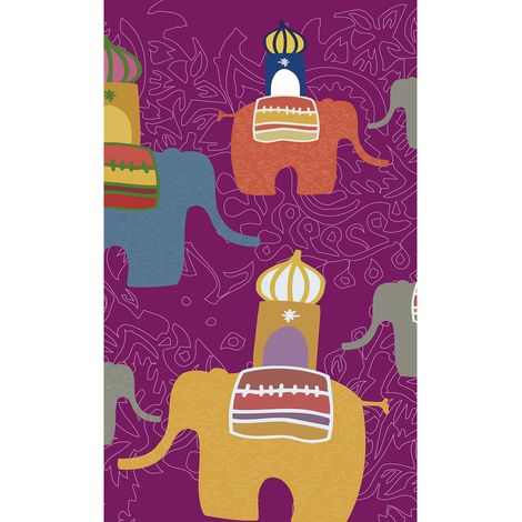 Papier peint intissé 250 cm X 150 cm, éléphants d'Asie, couleurs variées, ornement traditionnel, fond fuchsia. (1/2)