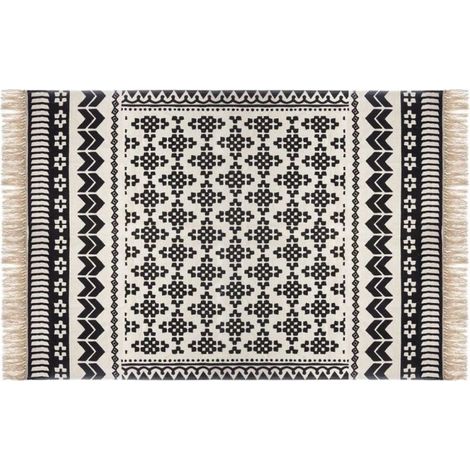Atmosphera – Tapis déco à franges 120x170cm – Motif ethnique – Coton noir et blanc – Facile d'entretien