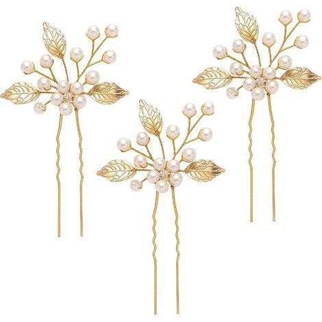 Set di 3 fermagli per capelli in acciaio inossidabile e cristallo, ideali per matrimoni e fidanzamenti, con un design floreale 3D color oro. (1/5)