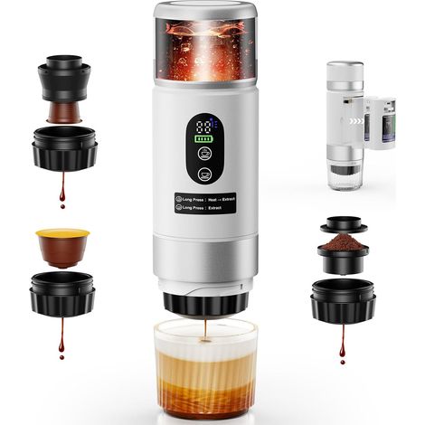 Cafetière Portable 3 en 1,Machine à Café à Capsules Expresso Cafetière Rechargeable avec Batterie 2×7500 mAh,compatible avec Capsules , ,pour Camping,Bureau,Voyage (1/5)