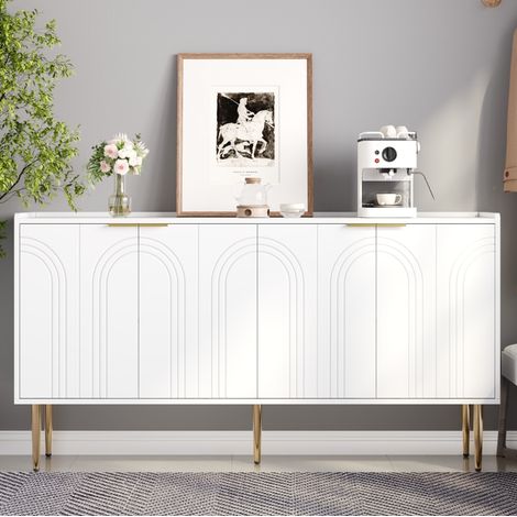 Aparador de MDF blanco 140 x 38 x 75 cm, 4 puertas, baldas regulables y patas de hierro dorado (1/5)