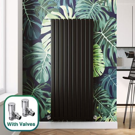 ELEGANT Modern Black Flat Panel Central Heating Radiator 1600 x 680mm Vertical Double Panel Rads + Chrome Angled Radiator Valves (1/5)