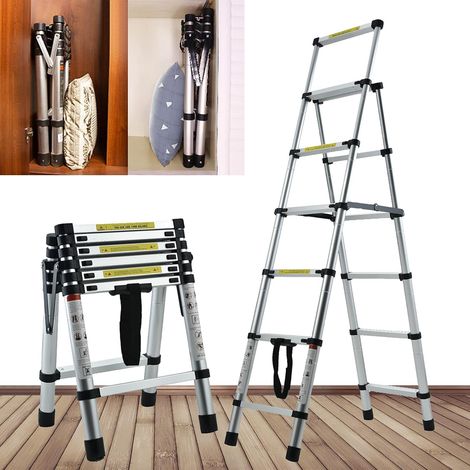 5+6 Aluminum Telescopic Folding Step Ladder 5.5FT Heavy Duty Telescoping Ladder 330lb Max Load Portable Multi-Purpose Meticulous Folding Ladder with Handrails Safety Lock Anti-slip Widened Pedal (1/5)