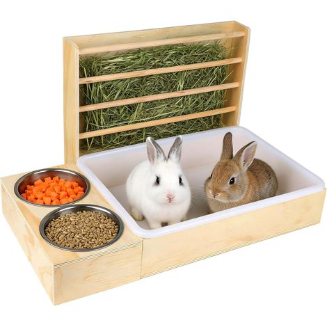 Mangeoire à foin 3 en 1 pour lapin avec bac à litière et bols (1/5)