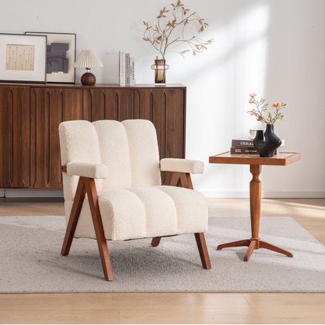 Fauteuil avec accoudoirs en bouclé beige, structure en bois massif de chêne, style Mid-Century moderne,77x68.5x77 cm (1/5)