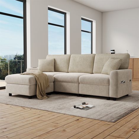 Canapé Convertible Modulaire Chenille - 223x146x84cm - Canapé 4 Places Velours Côtelé Connecté Pouf 2 Coussins Salon - Beige (1/5)