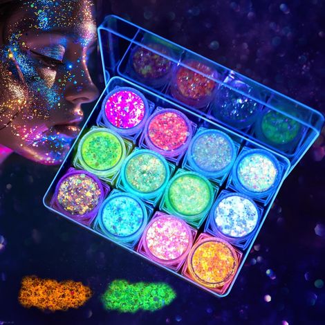 Paillettes pour le visage - 12 couleurs fluorescentes - Accessoire de festival - Gadget pour le visage, les ongles, les yeux et les cheveux (1/5)