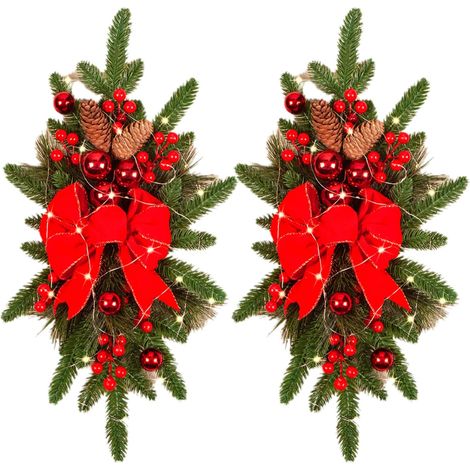 Lot de 2 guirlandes de Noël artificielles en forme de goutte d'eau de 61 cm - Sans fil - Décoration d'escalier - Guirlande de Noël pour extérieur, maison, jardin (rouge, 30 x 60 cm) (1/5)