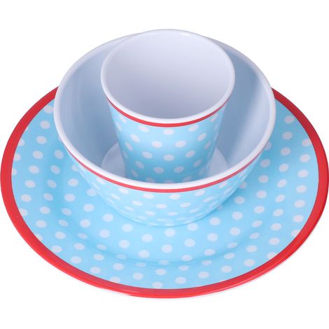 3-teiliges Salatset: Teller, Schüssel und Tasse mit hellblauen Punkten (1/5)
