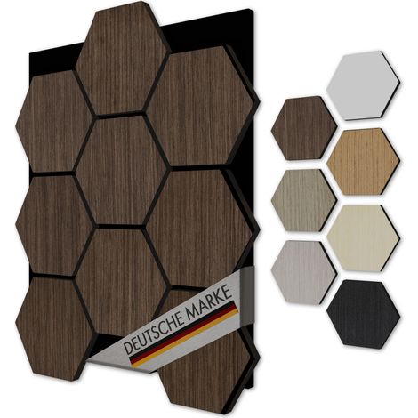 AKUSTIKO 3D Hexagon Wandpaneele Akustik Filz MDF Holzstruktur Wandverkleidung (3 Paneele, Walnut Black)