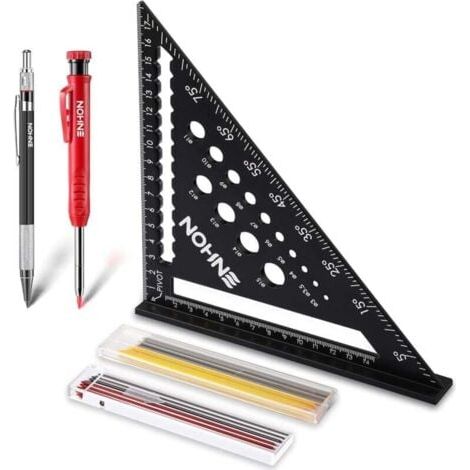 Equerre Menuisier, Charpentier Multifonction 180 mm [Crayon Chantier + 18 Mines] Metal, Règle de Menuisier Regle Trusquin Rapporteur de 45à90 Degrés (1/4)