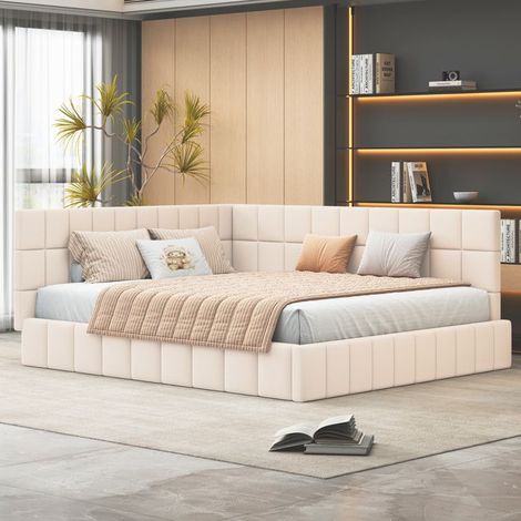 Lit - Canapé-lit rembourré 160x200 - Velours beige - Sommier à lattes - Réversible