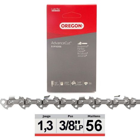 Oregon – Chaîne de tronçonneuse 91PX056E – Pas 3/8'LP – Jauge 1.3mm – 56 maillons – Pour bois dur et teck – AdvanceCut™