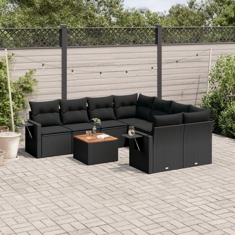 Ensemble Salon Jardin 9 Places Noir Résine Tressée - Canapés d'Angle et Centraux avec Table Acacia et Coussins Détachables (1/5)