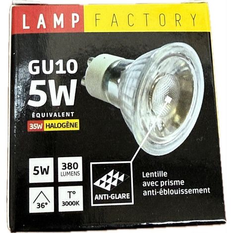 Ampoule LED 5W spot GU10 3000K 380lm 230V protection verre non-dimmable 36° FACTORY TRAJECTOIRE 003519