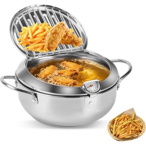 Mini friteuse japonaise en acier inoxydable diamètre 21 cm capacité 2,2 L avec thermomètre compatible gaz et induction couleur argentée (1/4)