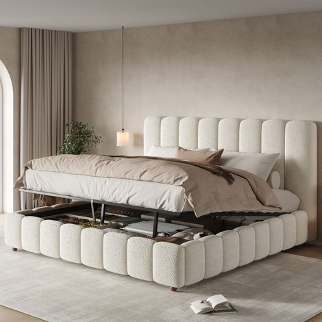 Letto adulto 180x200 cm con rete a doghe e testiera, in tessuto bianco, materasso non incluso (1/5)