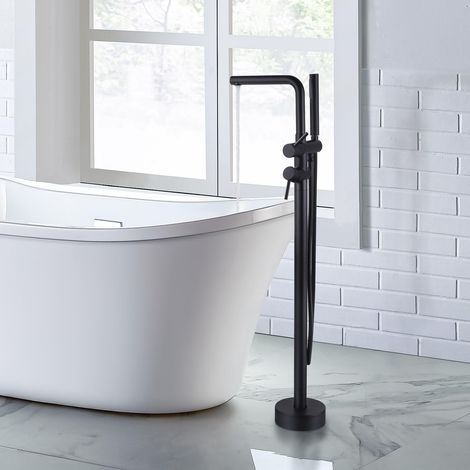 Robinet de Baignoire sur Pied, Robinet de Bain avec Douchette, en Cuivre et Acier Inoxydable, Pivotant À 360°, Mitigeur Cartouche en Céramique, Montage au Sol, pour Baignoires, Noir (1/5)