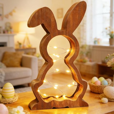 1 Figurine Lapin, Bois, LED, 3 Modes, Intérieur, Pâques
