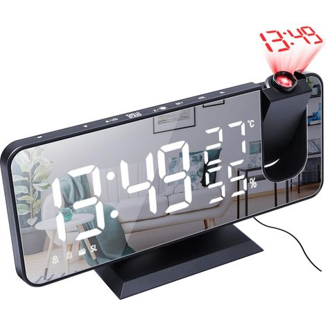 Réveil à Projection pour Chambre à Coucher Grand écran Miroir LED 7,4 '' et Radio-réveil à 4 Gradateurs avec Chargement USB Rotatif à 180 ° 2 Sons Noir-Blanc MNS (1/4)