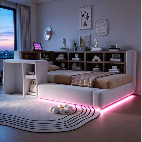 Cama tapizada 90 x 200 cm con almacenaje, LED, enchufes y mesa auxiliar, gris claro HAVRYA (1/5)