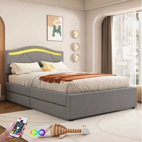 Letto bambini 90x200 cm con 2 cassetti, illuminazione LED con telecomando, testiera regolabile, rete a doghe, senza materasso, grigio (1/5)