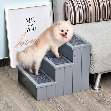 Échelle chien 3 marches tapis antidérapant espace rangement interne - Dimensions: 40,5x44,5x38cm - Couleur: Gris