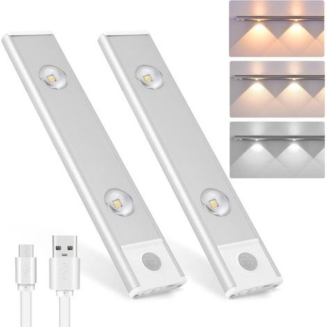 2PCS Lampes LED sans Fil Lumière de Placard,Lampes de Dessous d'armoire à Gradation,Détecteur de Mouvement, 3 Modes d’Éclairage,Lumière de Placard pour Cuisine,Chambre,Couloir, Escalier