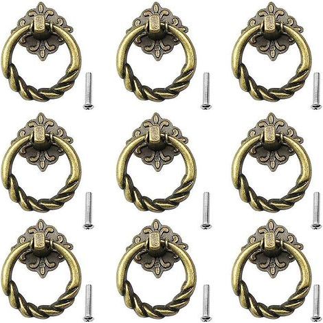 9 Pcs Retro Door Knobs Pull Rings for Furniture Cabinet Drawer with Screws Bronze (1/5)