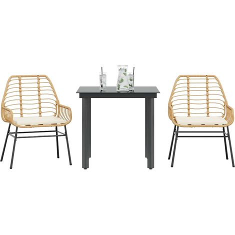 3-tlg. Garten-Essgruppe mit Kissen Braun Poly Rattan Glas